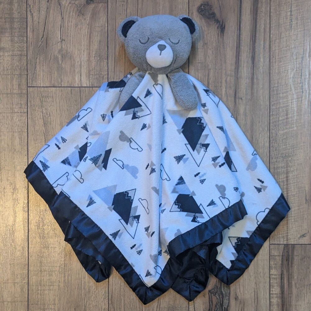Just Born Baby Infant Boys Gray Bear Mountain Cloud Print Security Blanket Lovey